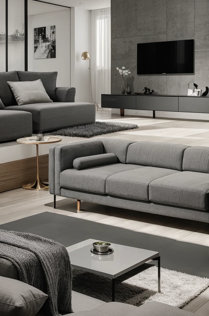 Design a living room in aesthetic sense on grey theme