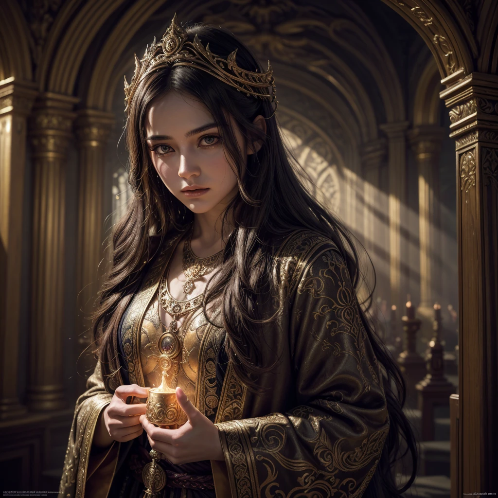 a worshiper of akatosh, detailed fantasy portrait, beautiful intricate face, intense gaze, long flowing hair, ornate religious robes, divine light shining, dramatic lighting, ethereal atmosphere, vibrant colors, digital painting, ultra-detailed, 8k, high resolution, photorealistic, cinematic, dramatic composition