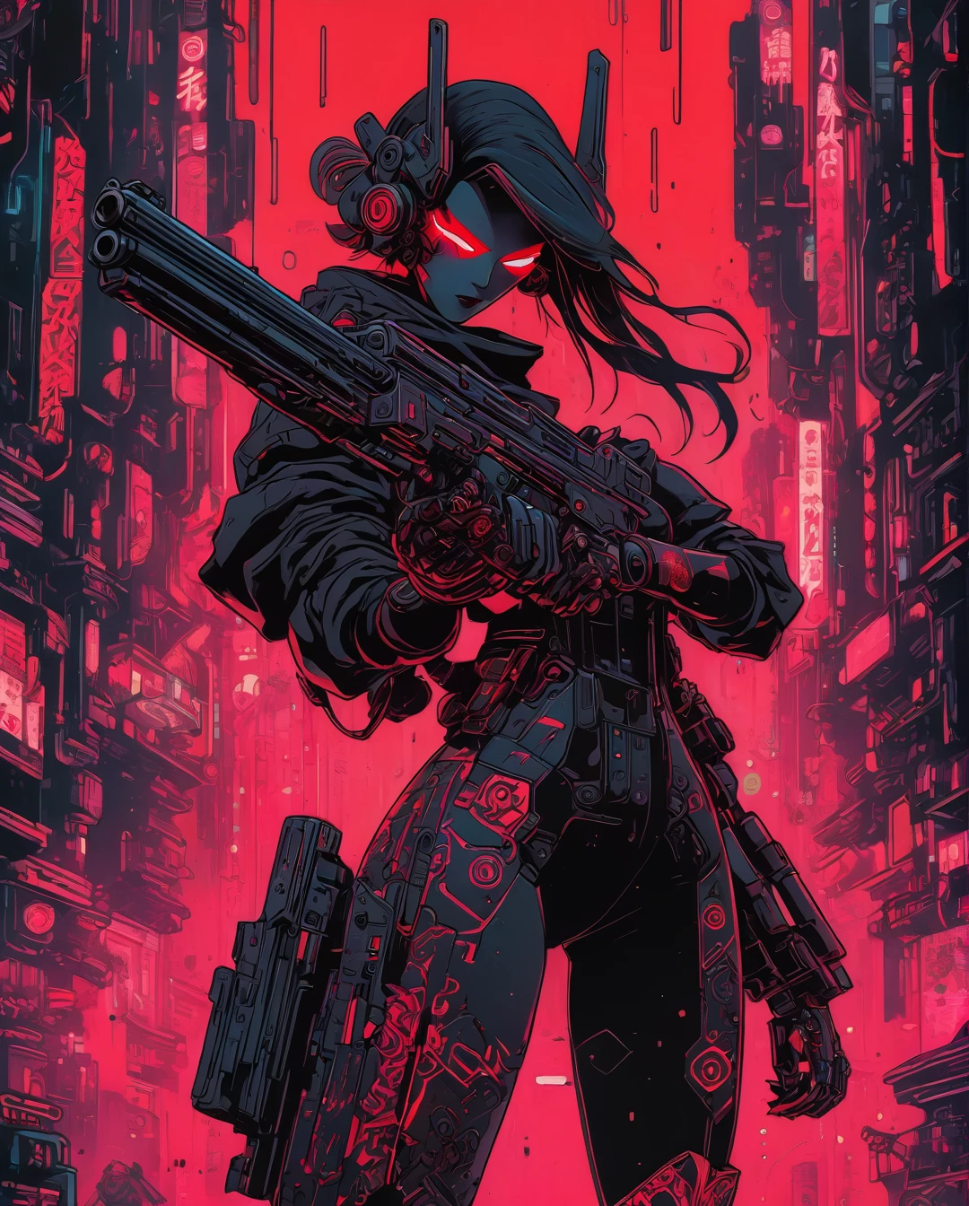 an illustration of a woman
holding a gun, in the style of
cyberpunk manga, masks and
totems, light black and red,
neon color palette, mecha
anime, mirrored realms, vanitas