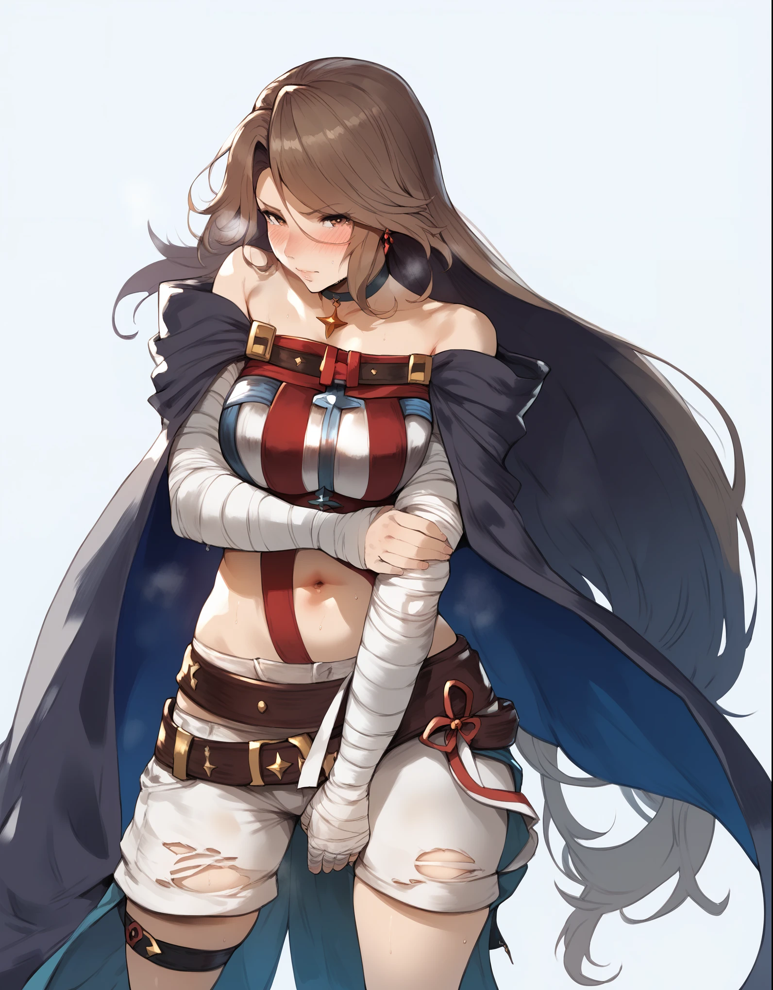 score_9, score_8_up, score_7_up, score_6_up, uncensored, katalina \(granblue fantasy\), long hair, parted bangs, brown hair, brown eyes, sweating, BREAK (masterpiece:1.2), best quality, high resolution, (detailed eyes:1.3), perfect lighting, (perfect hands, perfect anatomy), looking at viewer, 1girl, bandages, solo, bandaged_arm, choker, breasts, black_choker, collarbone, torn_clothes, navel, torn_shorts, looking_at_viewer, embarrassed, blush face, 