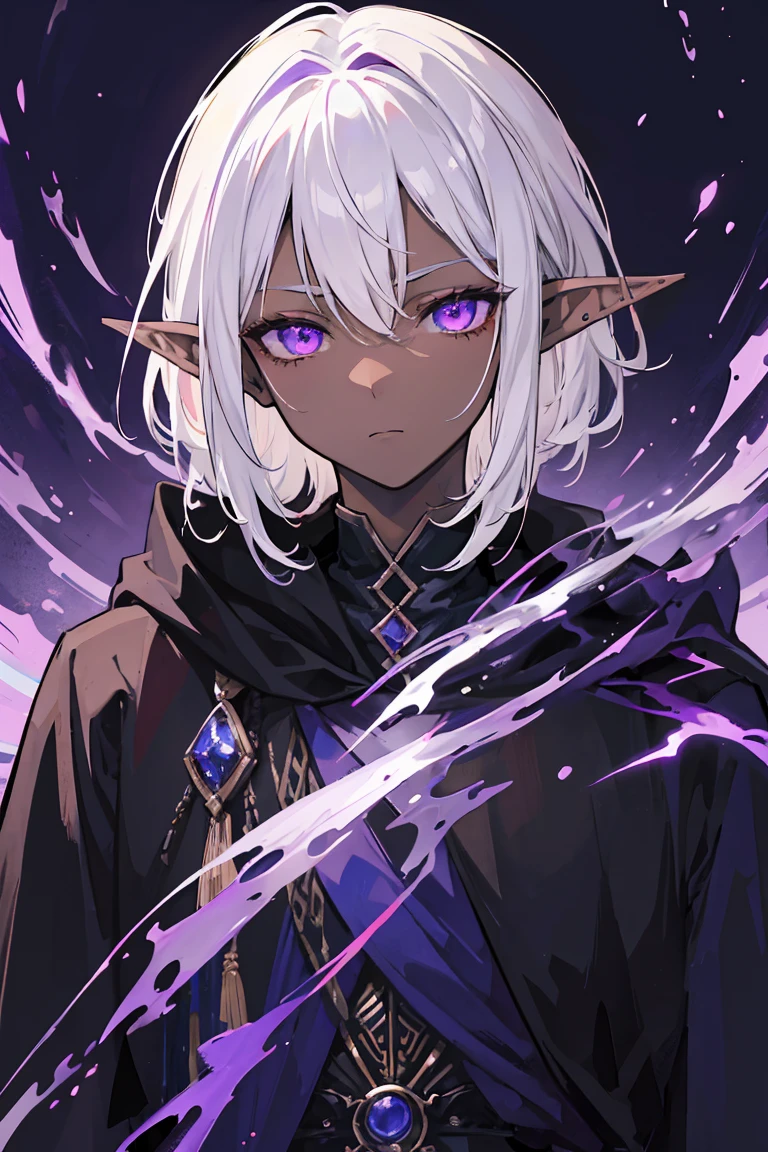 masterpiece, high quality, perfect face, 1man, male, tall, dark elf, short messy white hair, glowing purple eyes, dark skin, long elf ears, tired eyes, eyebags, black robe
