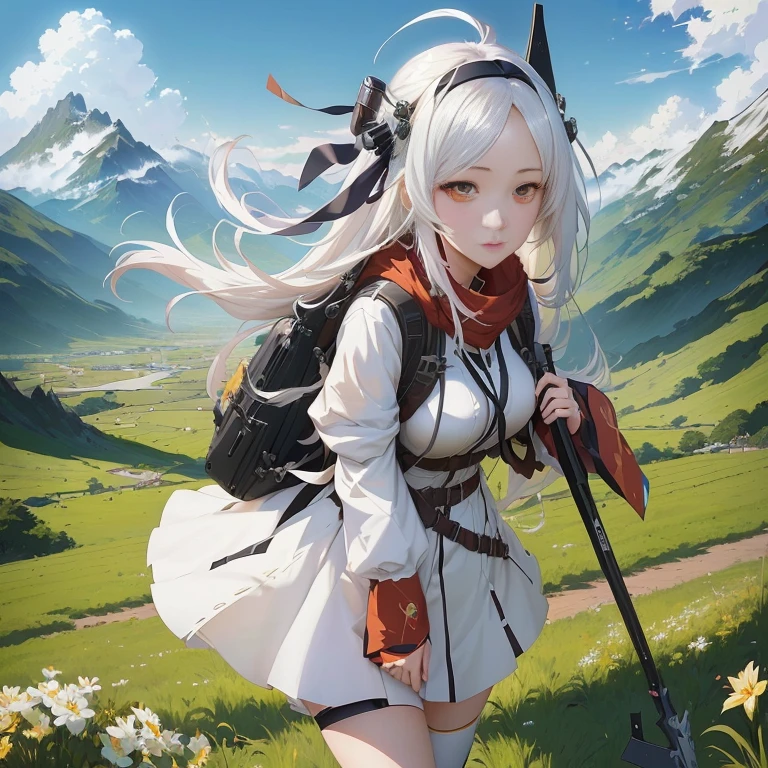 anime girl with long white hair and a backpack walking in a field, best anime 4k konachan wallpaper, guweiz on pixiv artstation, cushart krenz key art feminine, guweiz on artstation pixiv, from arknights, detailed key anime art, anime art wallpaper 8 k, anime art wallpaper 4k