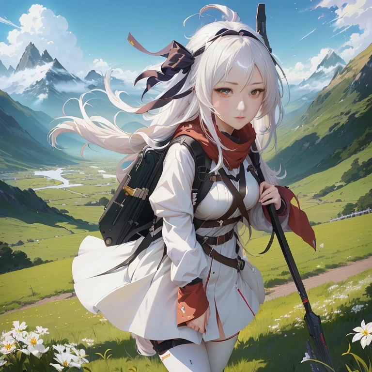 anime girl with long white hair and a backpack walking in a field, best anime 4k konachan wallpaper, guweiz on pixiv artstation, cushart krenz key art feminine, guweiz on artstation pixiv, from arknights, detailed key anime art, anime art wallpaper 8 k, anime art wallpaper 4k