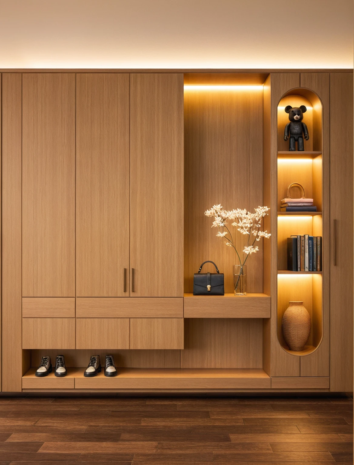Raw photo,Masterpiece, high quality, best quality, authentic, super detail, interior, shoes Cabinet style modern luxury , sunset, daylight, shoe cabinets, decorative cabinets, flower vases, decorations, books, wooden floor, handbags, shoes, bearbrick, (black tones)
