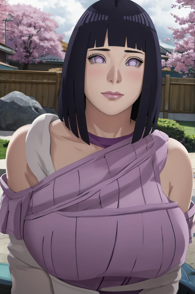 Masterpiece, nonsense, Hinata\(Boruto\), 1 girl, alone,mature woman, shoulder crop,  outdoor, look at viewer, (petals falling), The sky is cloudy., perfect composition, details lips, big breast, Beautiful face, body proportions, Blush, (pink lips), long hair,  purple eyes,  soft stare, sad smile,  Very realistic, details, photography, Realistic faces and bodies