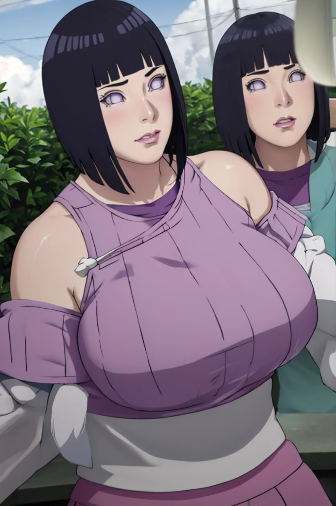 Masterpiece, nonsense, Hinata\(Boruto\), 1 girl, alone,mature woman, shoulder crop,  outdoor, look at viewer, (petals falling), The sky is cloudy., perfect composition, details lips, big breast, Beautiful face, body proportions, Blush, (pink lips), long hair,  purple eyes,  soft stare, sad smile,  Very realistic, details, photography, Realistic faces and bodies