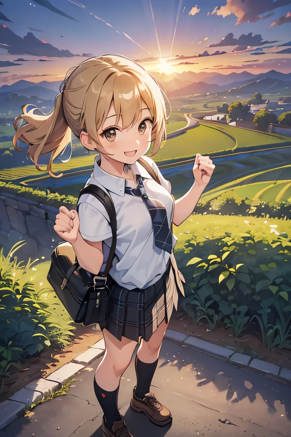 ((Highest quality, 4K, masterpiece: 1.3)), ((High Resolution)),((It's wonderful)),((Japan countryside:1.2)),((Japan countryside:1.2)),((Japan countryside:1.2)),((Japan countryside:1.2)),((Japanese mountain trails and rice terraces:1.2)),((Standing at the bus stop:1.2)),((Standing at the bus stop:1.2)),(Do not split frames),(Do not split),(Do not split),(sunset:1.2),(sunset:1.2),(sunset:1.2),(sunset:1.2),(One woman:1.8),(One woman:1.8),(One woman:1.8),(One woman:1.8),(One woman:1.8),((dutch angle shot:1.2)),((dutch angle shot:1.2)),((medium wide shot:1.2)),((medium wide shot:1.2)),((medium wide shot:1.2)),((upper body shot:1.2)),((upper body shot:1.2)),((upper body shot:1.2)),((upper body shot:1.2)),((shoot from above:1.2)),((shoot from above:1.2)),((school uniform, short sleeve shirt:1.2)),((school uniform, short sleeve shirt:1.2)),((school uniform, short sleeve shirt:1.2)),(tie:1.4),(tie:1.4),(tie:1.4),((Fluttering checkered skirt:1.2)),((Fluttering checkered skirt:1.2)),((Fluttering checkered skirt:1.2)),((Black ankle socks:1.3)),((Black ankle socks:1.3)),((Black ankle socks:1.3)),((Trekking shoes:1.2)),(School Bags),(School Bags),(School Bags),(School Bags),((Stand with your feet shoulder-width apart and your knees slightly bent:1.2)),((Stand with your feet shoulder-width apart and your knees slightly bent:1.2)),((Stand with your feet shoulder-width apart and your knees slightly bent:1.2)),((Stand with your feet shoulder-width apart and your knees slightly bent:1.2)),((Stand with your feet shoulder-width apart and your knees slightly bent:1.2)),((face focus:1.4)),((face focus:1.4)),((face focus:1.4)),((face focus:1.4)),((model posing:1.2)),((model posing:1.2)),((model posing:1.2)),((model posing:1.2)),((model posing:1.2)),((model posing:1.2)),(A cool expression in the wind:1.2),(A cool expression in the wind:1.2),(A cool expression in the wind:1.2),((A big smile:1.2)),((A big smile:1.2)),((fist bump:1.4)),((fist bump:1.4)),((fist bump:1.4)),(shoot from side),((Light brown eyes:1.2)),((Light brown eyes:1.2)),((Beautiful highlighted eyes)),((Light brown eyes:1.2)),((Light brown eyes:1.2)),((Beautiful highlighted eyes)),((Light brown eyes:1.2)),((Beautiful highlighted eyes)),((Light brown eyes:1.2)),((Shiny black hair:1.4)),((Shiny black hair:1.4)),((Shiny black hair:1.4)),((Fluffy short bob:1.2)),((Fluffy short bob:1.2)),((Fluffy short bob:1.2)),((Fluffy short bob:1.2)),((Parted bangs)),((Parted bangs)),(Beautiful breasts),Japanese women, 14 years old gravure photo, High Contrast, Aperture F3.2, Focal length 100mm, (((peace sign))),wakame, wakame, wakame, wakame, wakame, wakame, wakame, wakame, wakame, wakame, wakame, wakame, wakame, wakame, wakame, wakame, wakame, wakame, wakame, wakame, wakame, wakame, wakame, wakame, wakame 
