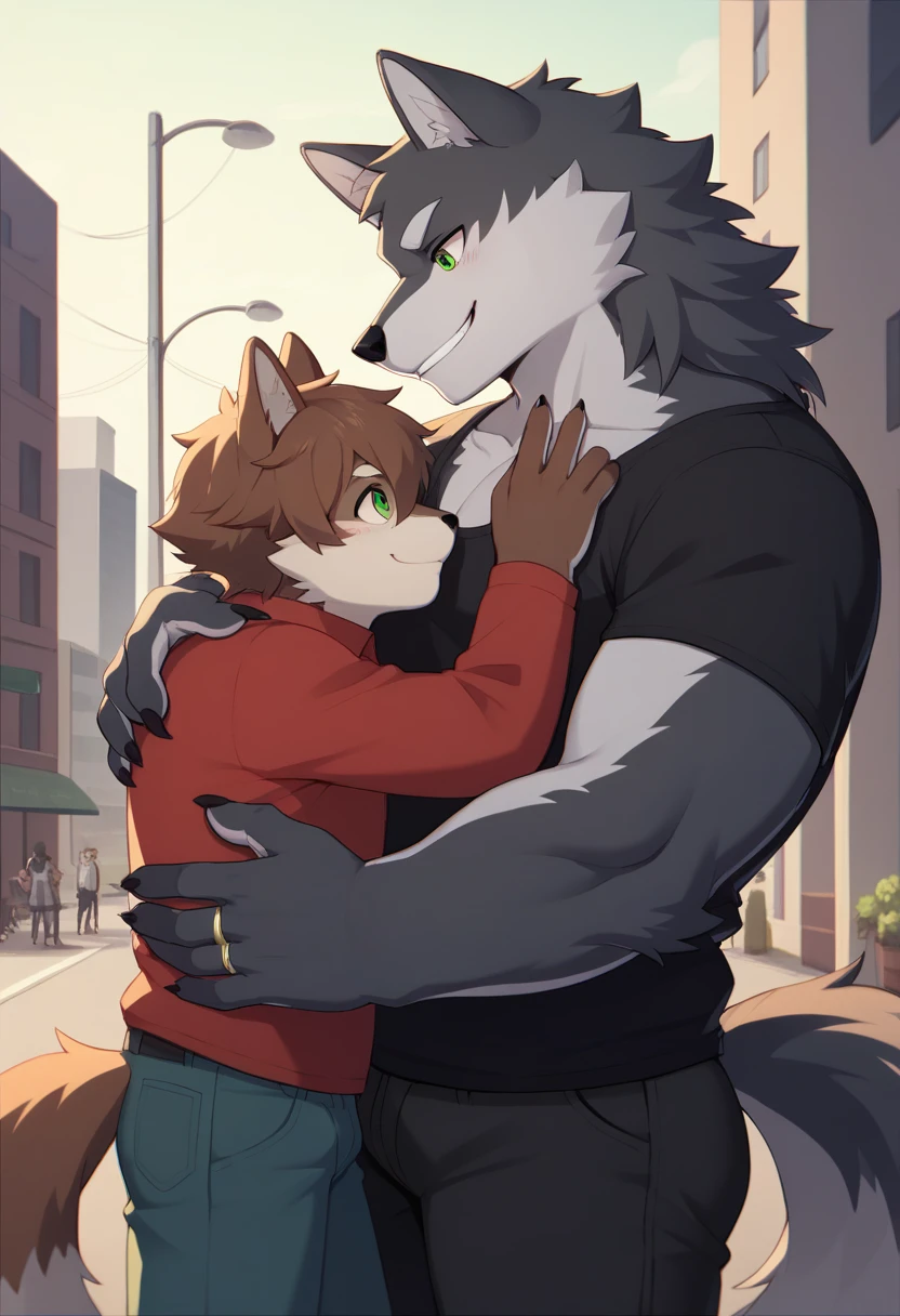 (author:hioshiru and kenket and dimwitdog, Michael Anpu Nisa Garmash, Ruan Jia, Pino Deheny, Chunni), black Wolf, anthropology, Very fat,Green Eyes, hair, Fluffy tail , male , City background ,bedroom ,Black royal attire , king, permanent, Smile, Ring on finger, Embrace, White Wolf