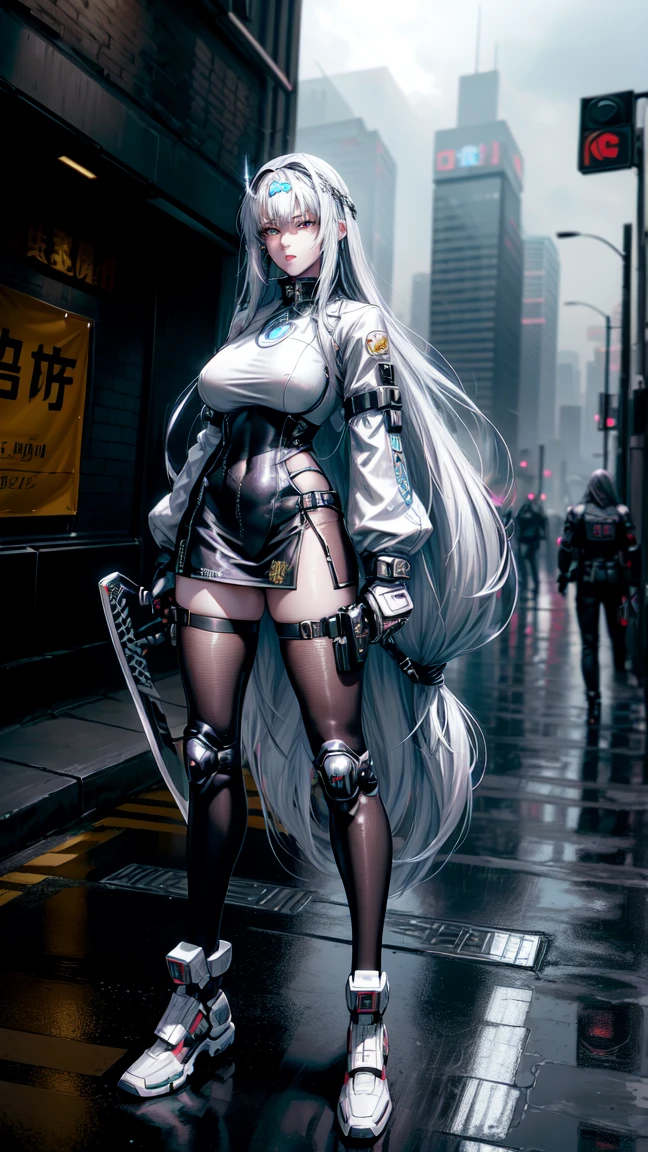 best quality,ultra-detailed,photorealistic,robotic, 1girl,young swordswoman,slim body, holding a glowing katana,futuristic cyberpunk night city , outfit blending futuristic technology, cyberpunk city guard, katana behind his back, long hair, white hair,,(guardian of the city:1.2), gacha splash,(harsh urban environment:1.3),(determination and bravery:1.2),masterpiece,cyberpunk style with Chinese influenceg, headband, car crash, night, rain, puddles, cyberpunk lights, , extreme detailed,,, (long hair:1.3),(iridescence holographic Clothing:1.1)