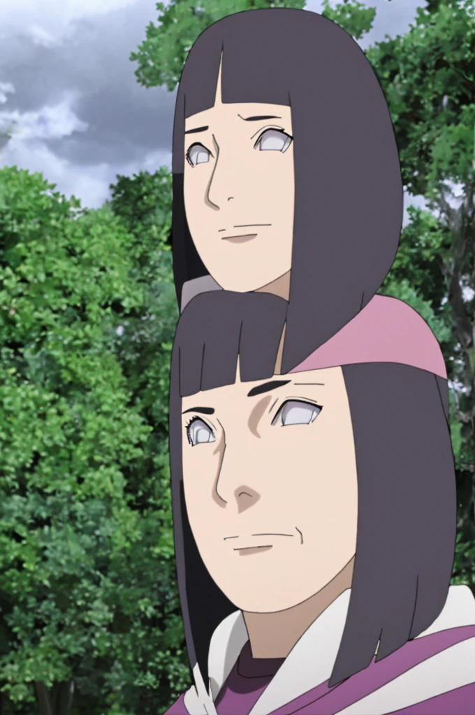 Masterpiece, nonsense, Hinata\(Boruto\), 1 girl, alone,mature woman, shoulder crop,  outdoor, look at viewer, (petals falling), The sky is cloudy., perfect composition, details lips, big breast, Beautiful face, body proportions, Blush, (pink lips), long hair,  purple eyes,  soft stare, sad smile,  Very realistic, details, photography, Realistic faces and bodies