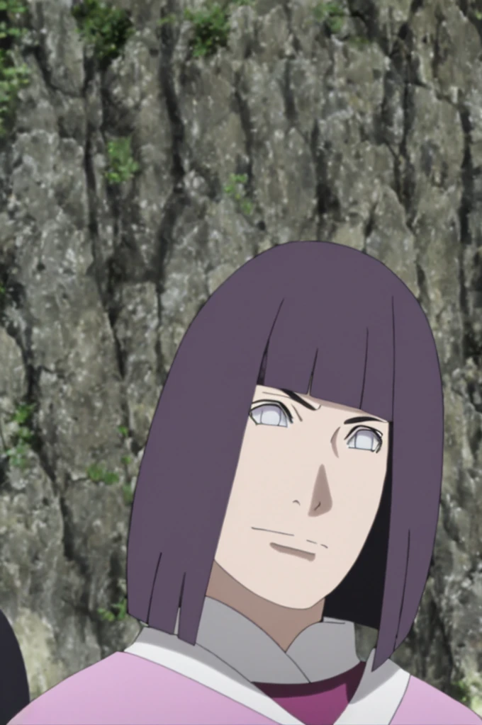 Masterpiece, nonsense, Hinata\(Boruto\), 1 girl, alone,mature woman, shoulder crop,  outdoor, look at viewer, (petals falling), The sky is cloudy., perfect composition, details lips, big breast, Beautiful face, body proportions, Blush, (pink lips), long hair,  purple eyes,  soft stare, sad smile,  Very realistic, details, photography, Realistic faces and bodies