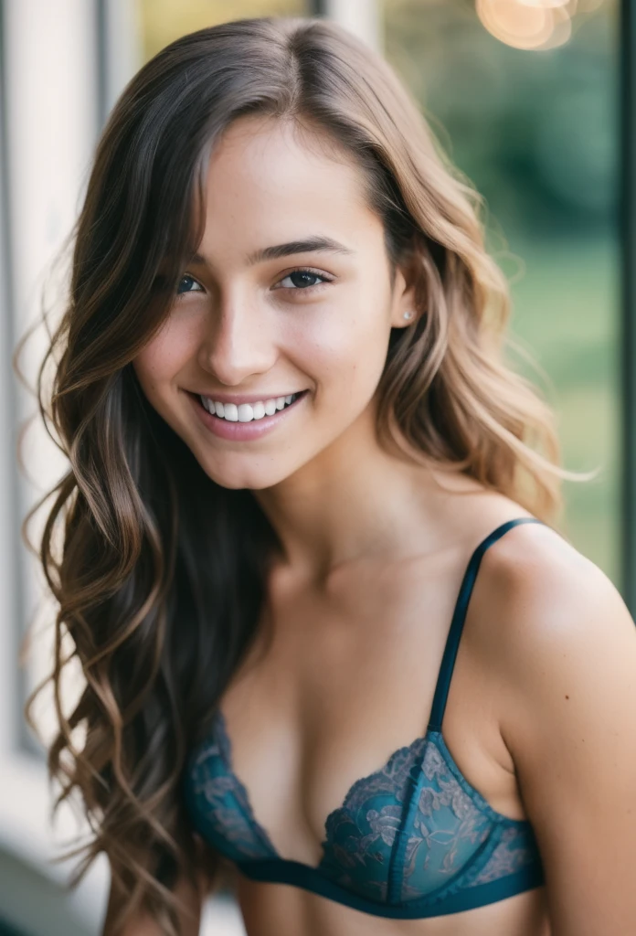 Sun set, RAW photo, (((extremely beautiful portrait))), ((glistening skin)), 1girl, 18 years old girl, ((natural brown hair)), [blue eyes], long hair, eyeliner, fluttering hair, vibrance, ((masterpiece, best quality, hyper detailed, Cinematic light, intricate details, highres, 8k, extremely detailed)), cleavage, detailed background, 8k uhd, dslr, soft lighting, high quality, film grain, Fujifilm XT3, shallow depth of field, natural light, (perfect hands), perfect face, smiling witb teeth, lingerie 