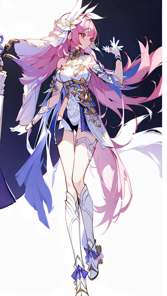 1girl，独奏。elysia，Bare waist，Leg Armor，high-heel boots，Standing，Full body portrait，From the front，Looking at the audience