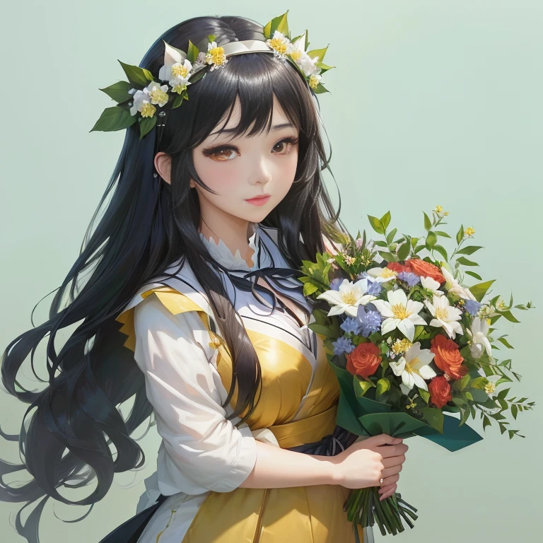 anime girl with long black hair holding a bouquet of flowers, hestia, marin kitagawa fanart, guweiz, render of april, with flowers, sakimi chan, anime moe artstyle, official artwork, official art, sakimichan, shikamimi, guweiz on pixiv artstation, rin, beautiful maiden, flower queen