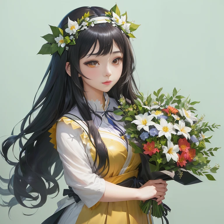 anime girl with long black hair holding a bouquet of flowers, hestia, marin kitagawa fanart, guweiz, render of april, with flowers, sakimi chan, anime moe artstyle, official artwork, official art, sakimichan, shikamimi, guweiz on pixiv artstation, rin, beautiful maiden, flower queen