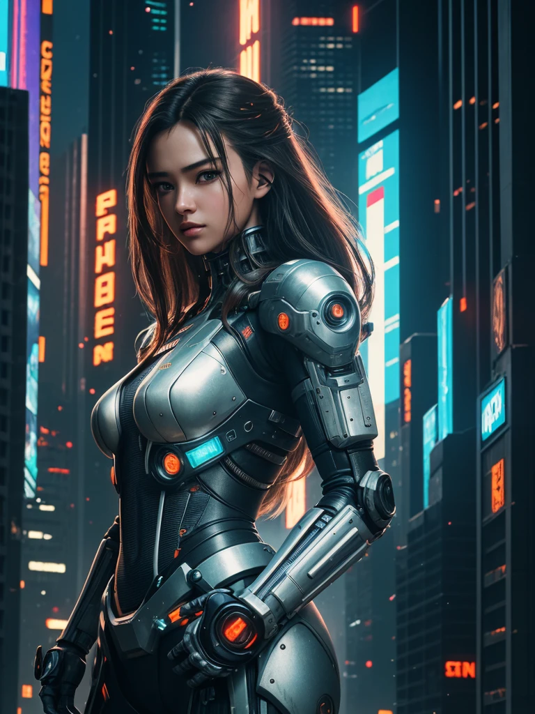 1girl, a beautiful girl cyborg cyberpunk with a futuristic city tall buildings, white and orange machine color combination, the body full of robot machine, have a hologram sytem, asian skin tone, machine merge with him, realistic machine, sci fi cityscape, manipulation is a masterpiece, long hair, masterpiece, suit of cyberpunk, realistic sci fi building texture mecha aestethic, digital cyberpunk, looming over a city, cyber technology, realistic hair, lots of hair, realistic metal solid texture of building, realistic neon glow, realistic neon sign, wonderful side lighting, realistic futuristic cyberpunk building, realistic girl robot cyberpunk, fog, foogy, masterpiece of detail, RAW IMAGE, Bokeh of depth of field is masterpiece, motion Shoot, natural lighting, masterpiece lighting from side, realistic texture of skin, strong reflection