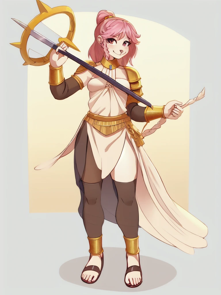 1girl, smile, solo, wearing roman armor, gladiator flat sandals, gladiator skirt, humanoid feet, holding sword, nose ring, septum piercing ring