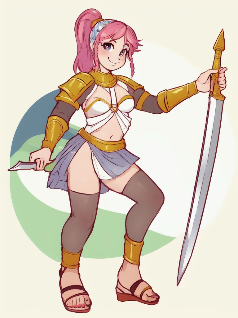 1girl, smile, solo, wearing roman armor, gladiator flat sandals, gladiator skirt, humanoid feet, holding sword, nose ring, septum piercing ring