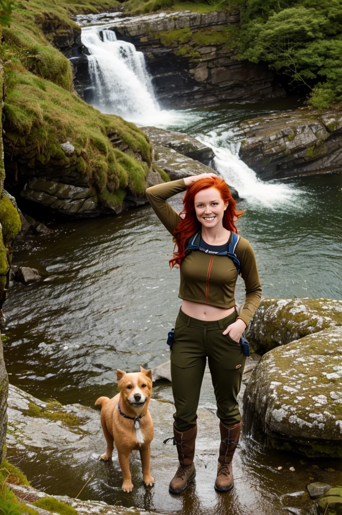 chris Eclear waterfall and Poole from 35 feet high Irish Vibrant red hair girl "She's very tall Hands and arms spread over her head in triumph In a Hiking pants and top in the colour of Brown khaki Gear," Standing knee high with two white little dogs Give this picture an Irish feel of an Irish countryside