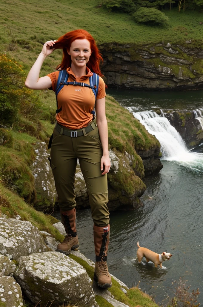 chris Eclear waterfall and Poole from 35 feet high Irish Vibrant red hair girl "She's very tall Hands and arms spread over her head in triumph In a Hiking pants and top in the colour of Brown khaki Gear," Standing knee high with two white little dogs Give this picture an Irish feel of an Irish countryside