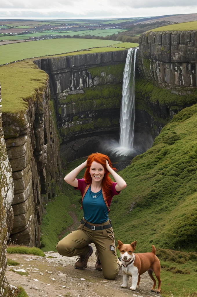 chris Eclear waterfall and Poole from 35 feet high Irish Vibrant red hair girl "She's very tall Hands and arms spread over her head in triumph In a Hiking pants and top in the colour of Brown khaki Gear," Standing knee high with two white little dogs Give this picture an Irish feel of an Irish countryside