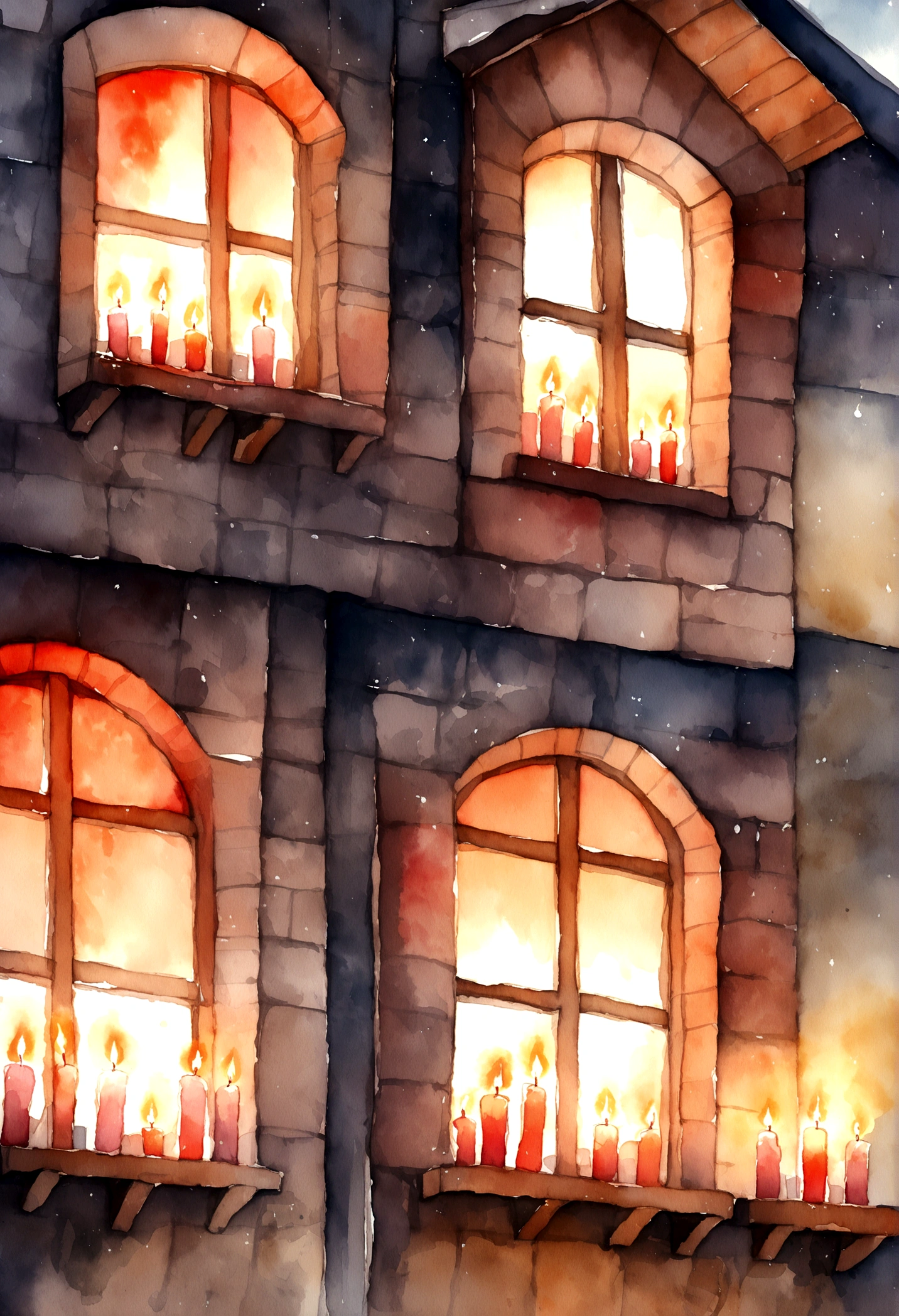candles burn in the windows of houses, watercolor