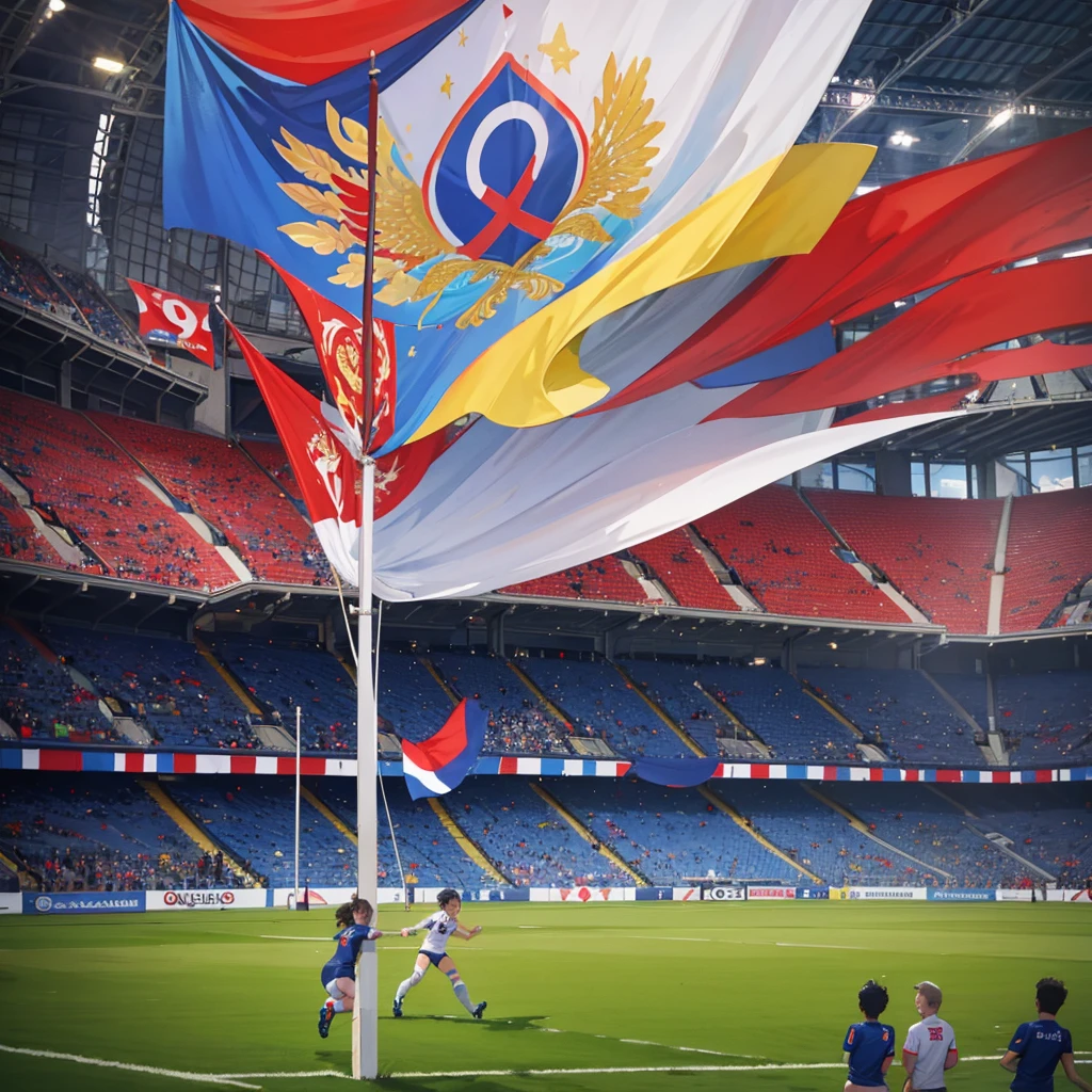 In the center of the soccer stadium、French and Belgian players competing fiercely。The flags of both countries are displayed in the background.、Excited spectators can be seen in the stands.。The overall composition is dynamic.、Illustrations that convey the tension of the match。