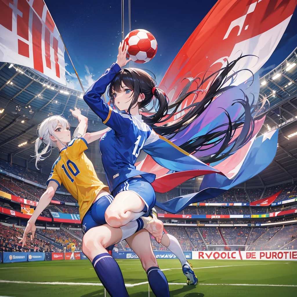In the center of the soccer stadium、French and Belgian players competing fiercely。The flags of both countries are displayed in the background.、Excited spectators can be seen in the stands.。The overall composition is dynamic.、Illustrations that convey the tension of the match。