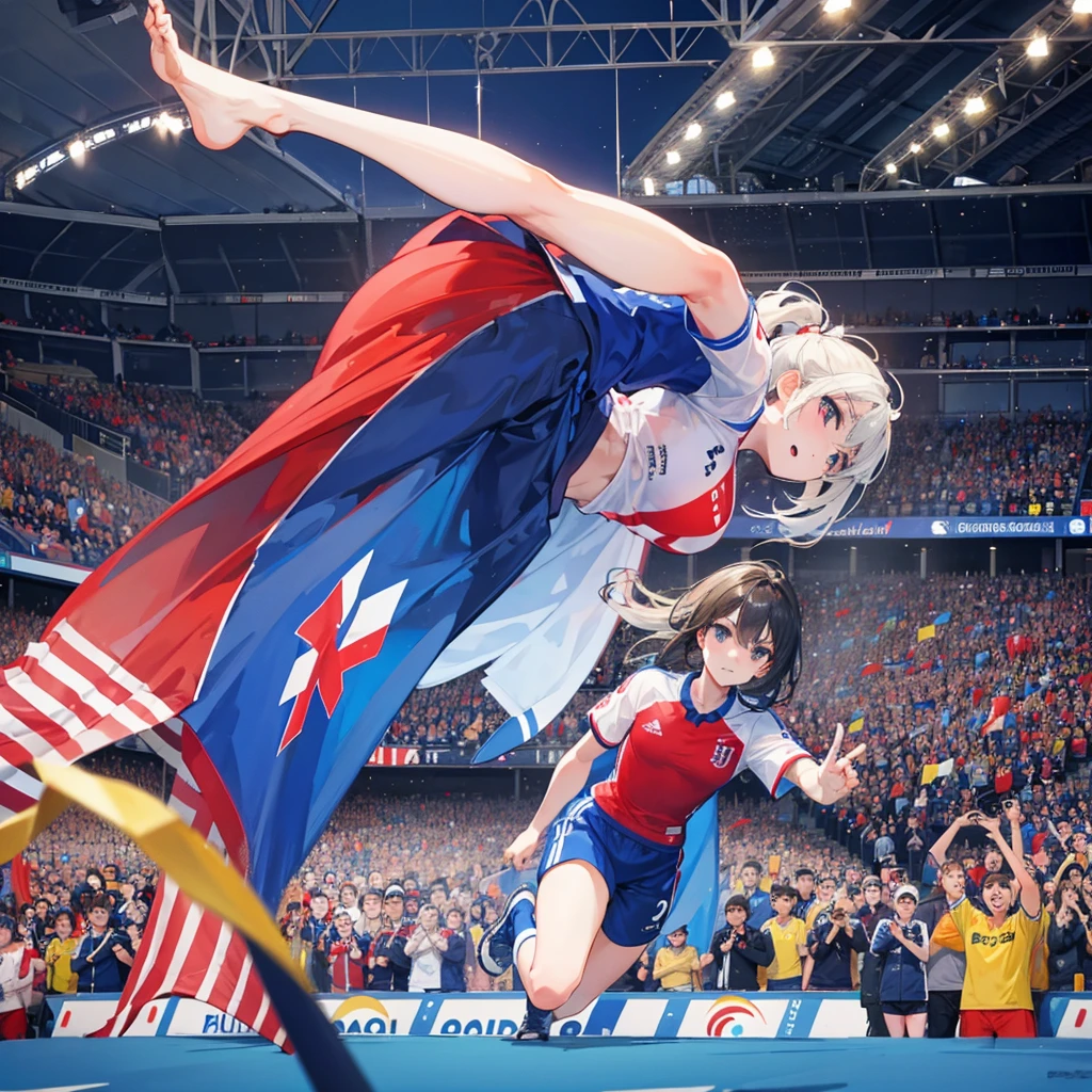 In the center of the soccer stadium、French and Belgian players competing fiercely。The flags of both countries are displayed in the background.、Excited spectators can be seen in the stands.。The overall composition is dynamic.、Illustrations that convey the tension of the match。