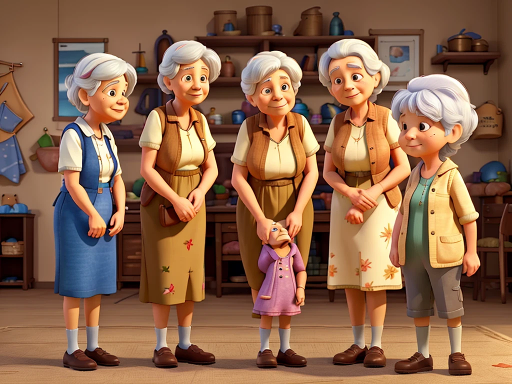 son complaining to elderly mother, mother's silent nod, young granddaughter observing, granddaughter running to grandmother, asking to help with sewing, realistic style,PixarAnimation