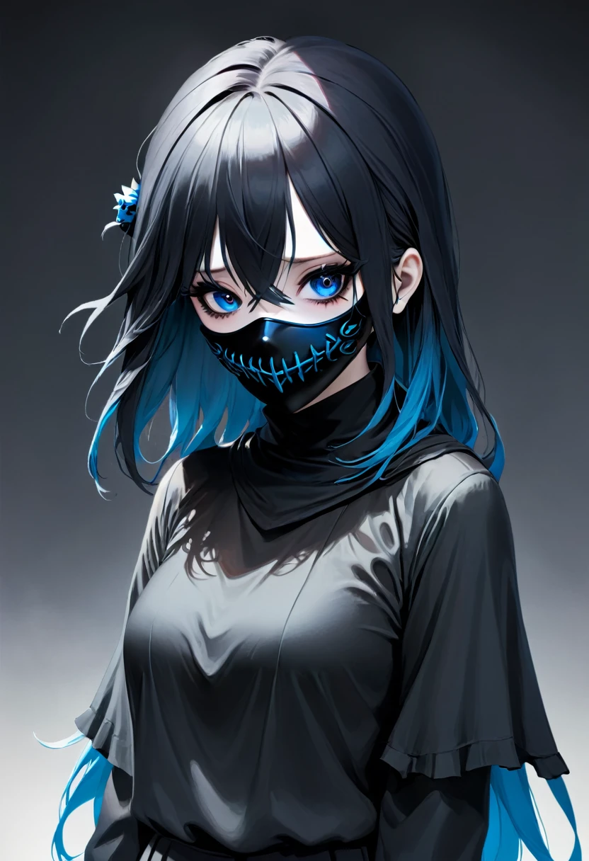 girl.Poetry.become black.eyes.Blue.Terrifying mask.clothes.Normal