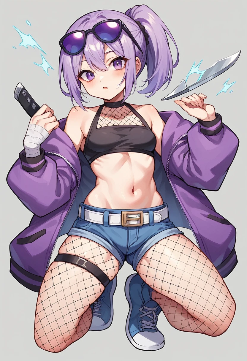 young girl, who wears a short jacket and a crop top, covering her upper body, exposing the navel. She also wears black buttonless shorts with a decorative piece of black and purple fabric, which hangs from the back, and also a white belt, with a gaming console attached to his hip. She has purple sunglasses on her head, , which she ties her hair into a loose ponytail. She also wears a pair of black ones, white and blue shoes, and also a knife, attached to her right leg, and short fishnets on the left calf. Besides, she has blue bandages on her left knee and lower back.