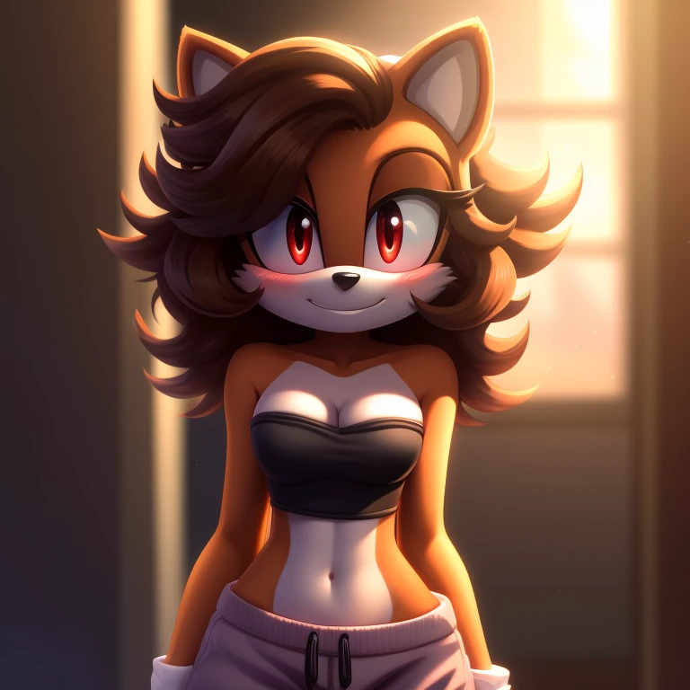 mobian, solo, hedgehog, two-tone fur ((orange fur, brown fur)), strapless crop top, baggy pants, cleavage, two-tone hair (brown hair, black tip)), curly hair, halo, sunglasses, jewelry, red eyes, longeyelashes, red eyes, smile, shy, blush, framed, stereogram, image fill, viewfinder, depth of field, high details, high detail, masterpiece, UHD, anatomically correct, super detail, highres, 4K