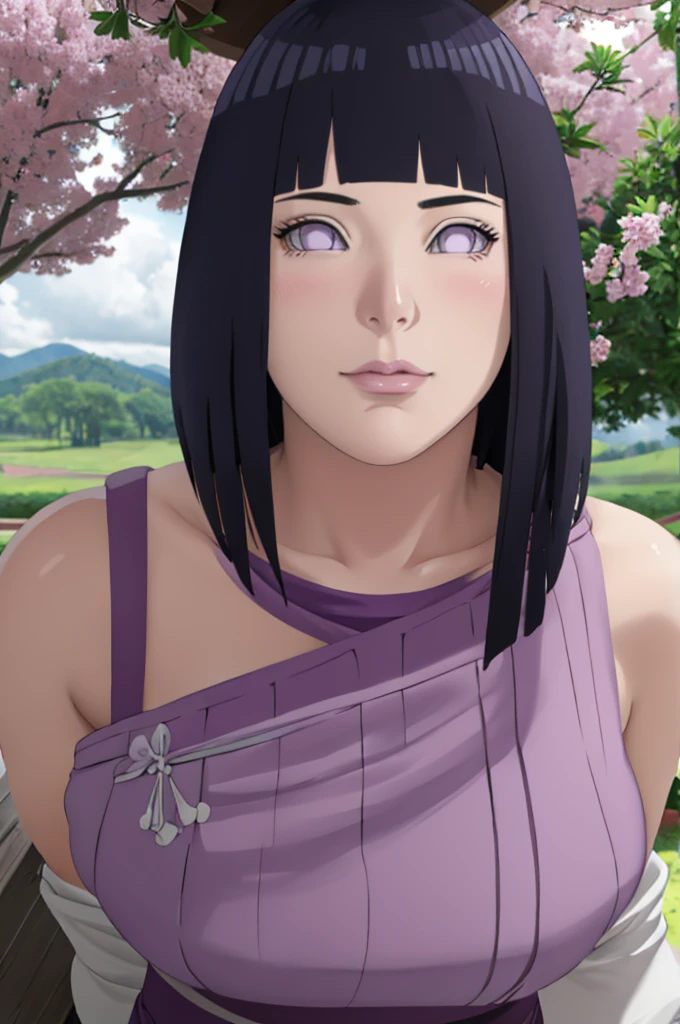 Masterpiece, nonsense, Hinata\(Boruto\), 1 girl, alone,mature woman, shoulder crop,  outdoor, look at viewer, (petals falling), The sky is cloudy., perfect composition, details lips, big breast, Beautiful face, body proportions, Blush, (pink lips), long hair,  purple eyes,  soft stare, sad smile,  Very realistic, details, photography, Realistic faces and bodies