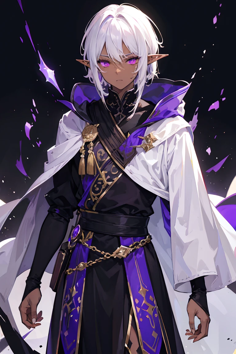 masterpiece, high quality, perfect face, 1man, male, tall, dark elf, short messy white hair, glowing purple eyes, dark skin, long elf ears, tired eyes, eyebags, black robe