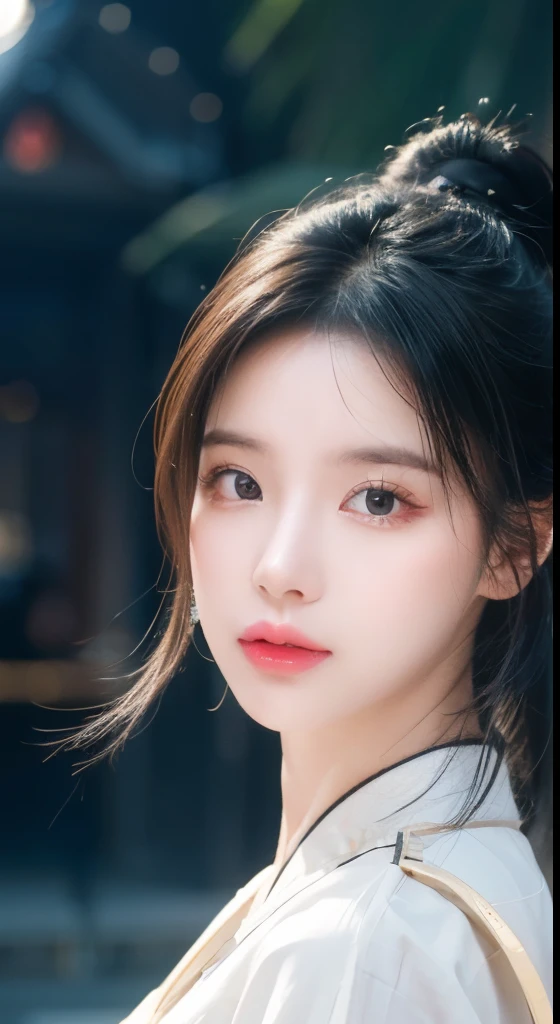 、(Top quality,masterpiece:1.3,Ultra-high resolution,),(Very detailed,Caustic lines),(Reality:1.4,RAW Shooting,)Ultra-realistic capture,Very detailed,HD 16K，Suitable for human skin、 Natural skin texture、、Skin looks healthy and even-toned、 Use natural light and color,A woman,Kawaii,Black Hair,Medium Length Hair,(Depth of Field、Chromatic Aberration、、Wide lighting range、Natural shadows、)、(Nighttime outdoor lighting:1.4)、(Hair blowing in the wind:1.1)(photoPractical, best quality, Ultra-high resolution, Extremely detailed eyes and face:1.3),(1 girl, solitary:1.3),On a wooden boat,Black Hair,Practical,Long hair,Jewelry,Upper Body,White see-through Hanfu,Fuzzy,earrings,Lips,Chinese clothes,Hair accessories,black eyes,Fuzzy background,Looking to the side,Residence,