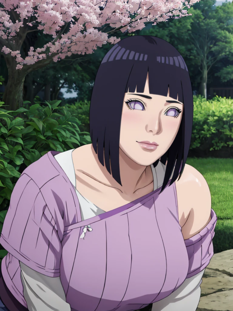 Masterpiece, nonsense, Hinata\(Boruto\), 1 girl, alone,mature woman, shoulder crop,  outdoor, look at viewer, (petals falling), The sky is cloudy., perfect composition, details lips, big breast, Beautiful face, body proportions, Blush, (pink lips), long hair,  purple eyes,  soft stare, sad smile,  Very realistic, details, photography, Realistic faces and bodies