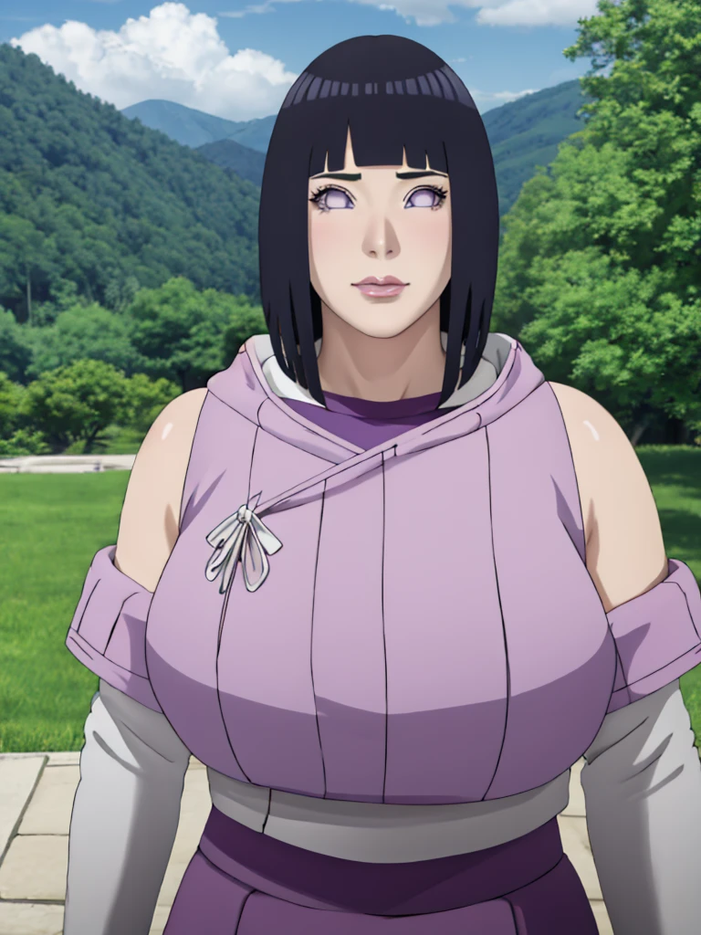 Masterpiece, nonsense, Hinata\(Boruto\), 1 girl, alone,mature woman, shoulder crop, outdoor, look at viewer, (petals falling), The sky is cloudy., perfect composition, details lips, big breast, Beautiful face, body proportions, Blush, (pink lips), long hair, purple eyes, soft stare, sad smile, Very realistic, details, photography, Realistic faces and bodies