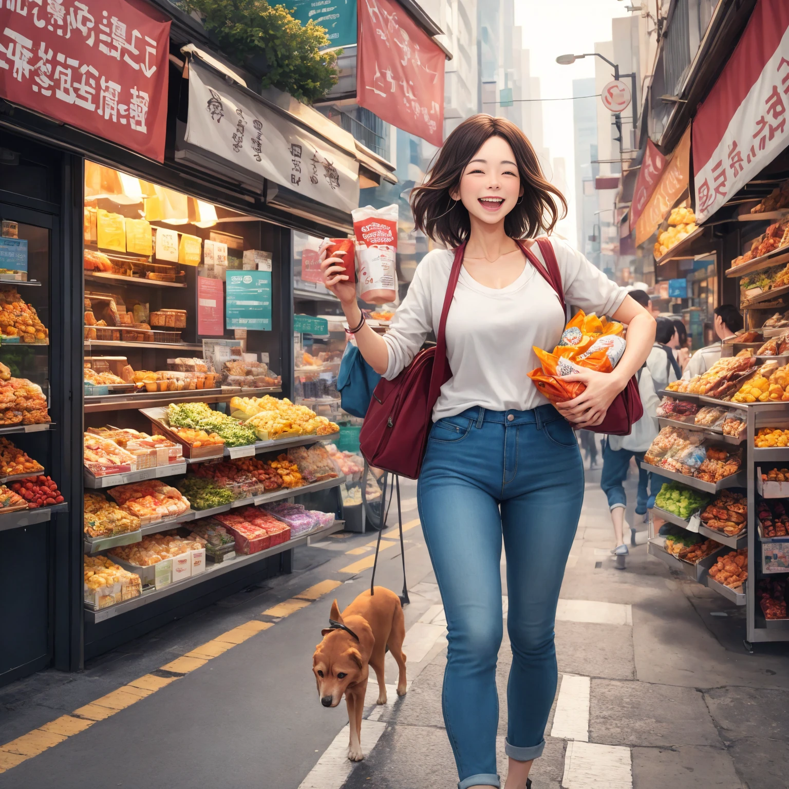 A lively city. The woman is dressed in casual clothes, carrying snacks, and her face is full of joy and contentment.