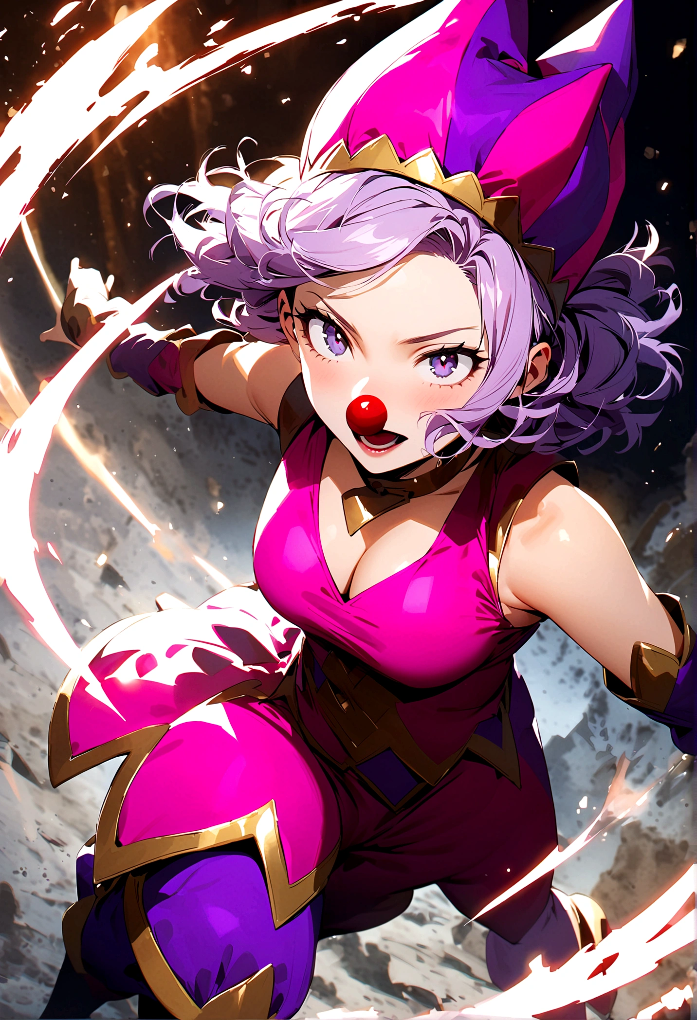 My Hero Academia Capture female with light purple hair, gold irises, pink and purple jester clothing, clown nose, pink and purple jester hat