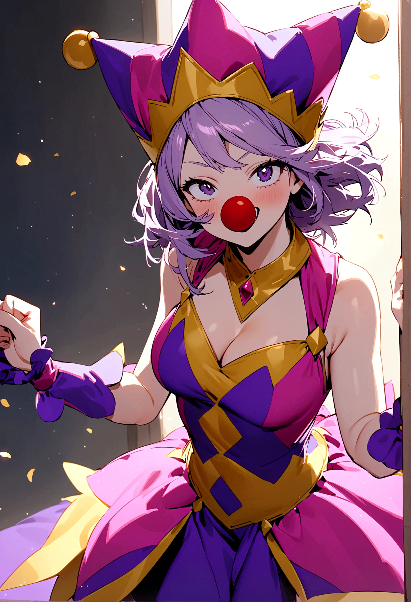 My Hero Academia Capture female with light purple hair, gold irises, pink and purple jester clothing, clown nose, pink and purple jester hat