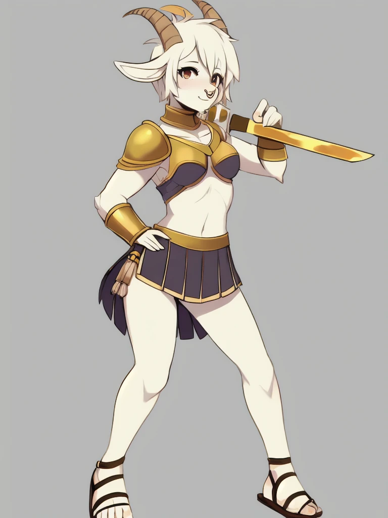 1girl, furry, furry_female, goat_ears, goat_girl, solo, wearing roman armor, gladiator flat sandals, gladiator skirt, holding sword, nose ring, septum piercing ring