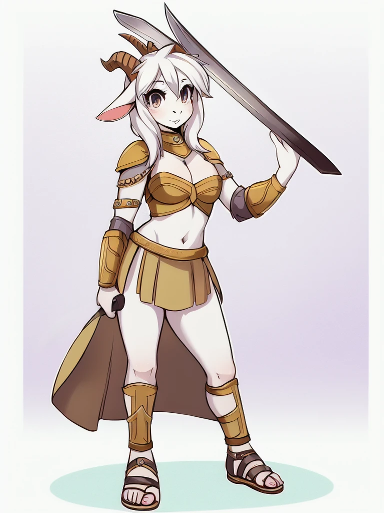 1girl, furry, furry_female, goat_ears, goat_girl, solo, wearing roman armor, gladiator flat sandals, gladiator skirt, holding sword, nose ring, septum piercing ring