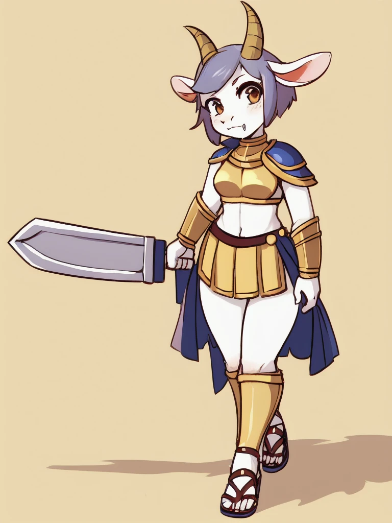 1girl, furry, furry_female, goat_ears, goat_girl, solo, wearing roman armor, gladiator flat sandals, gladiator skirt, holding sword, nose ring, septum piercing ring