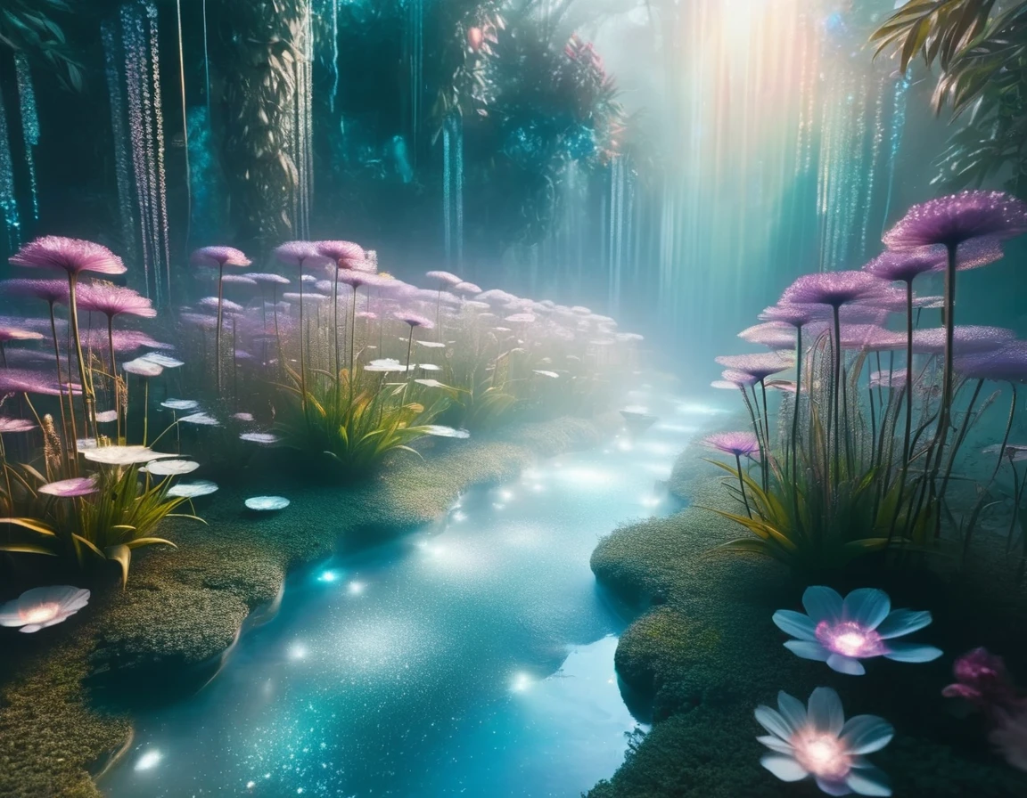 A futuristic garden of memory with floating holographic flowers and crystalline pathways. The scene is bathed in a soft, otherworldly glow.