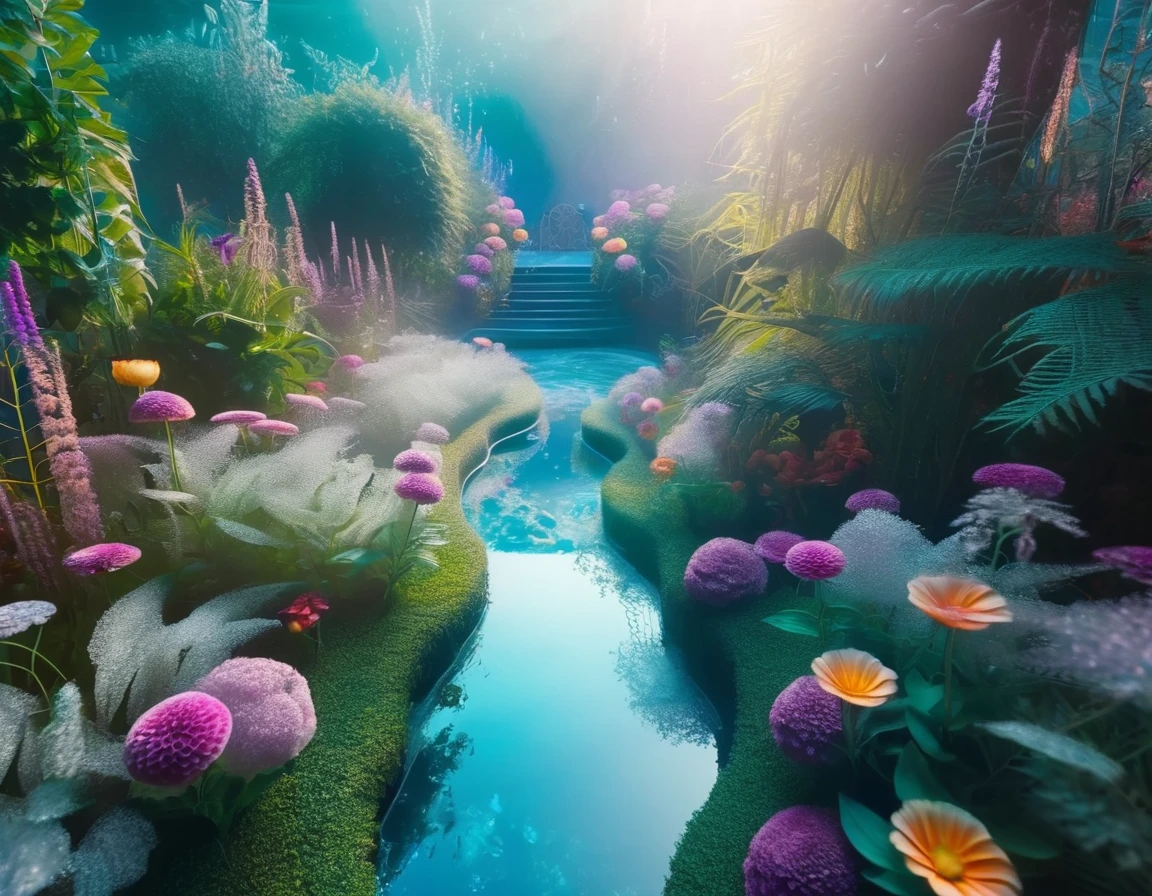 A futuristic garden of memory with floating holographic flowers and crystalline pathways. The scene is bathed in a soft, otherworldly glow.