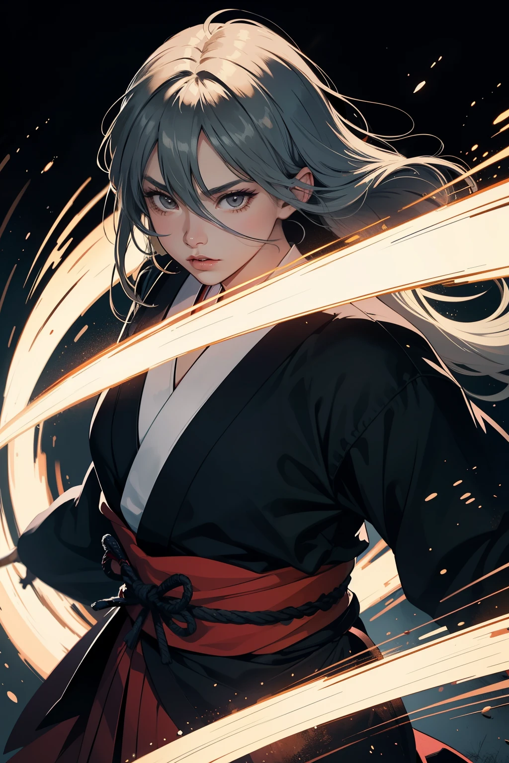 ((best quality)), ((masterpiece)), (detailed), a vector illustration of a dynamic samurai in mid-action, performing a powerful sword strike. The samurai should have traditional armor with intricate details and a flowing kimono, with his katana reflecting a sharp gleam. The background should depict a traditional Japanese landscape with a hint of motion blur to emphasize the action. Use a color palette of deep reds, blacks, and silvers to evoke intensity and strength. The style should blend anime and realistic digital art, with bold, clean lines and detailed textures.