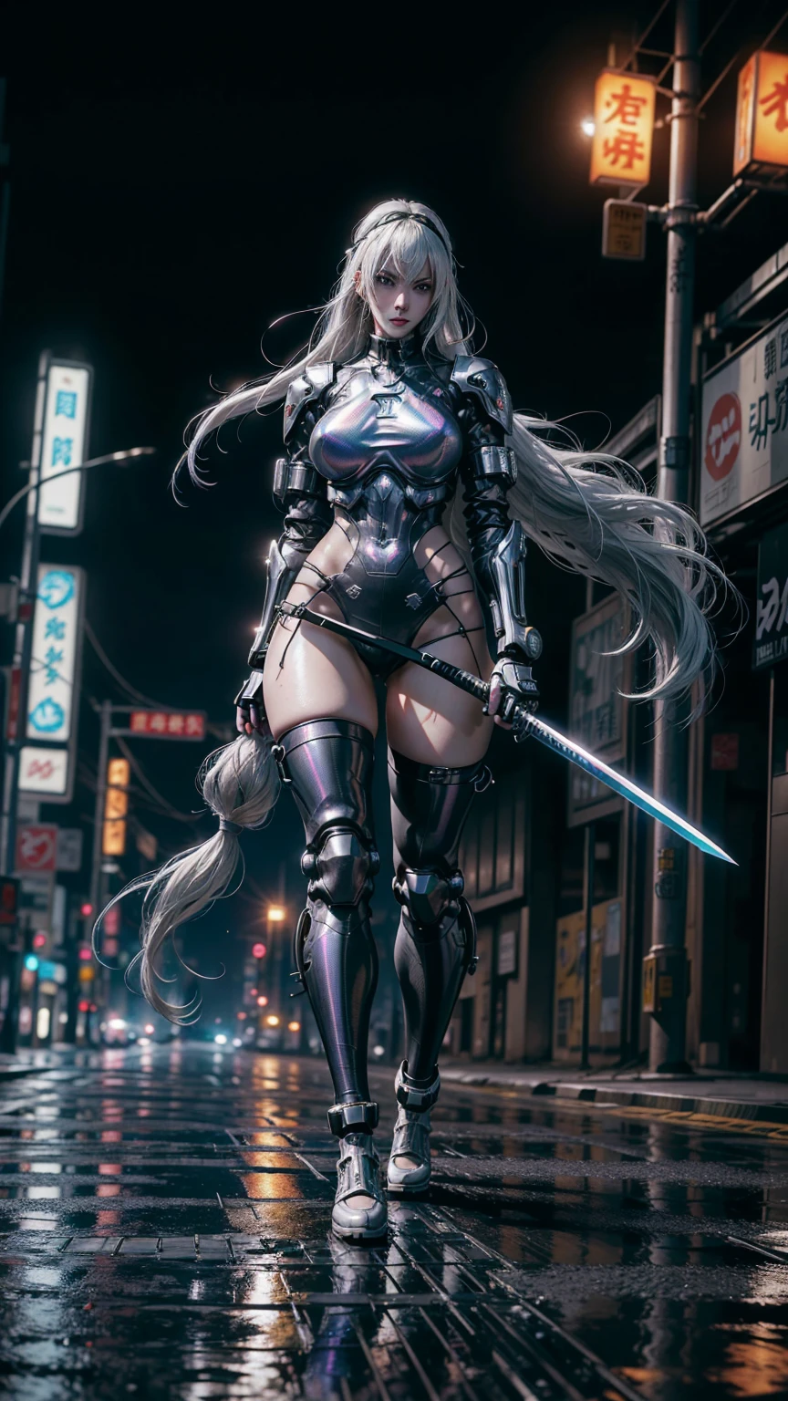 best quality,ultra-detailed,photorealistic,robotic, 1girl,young swordswoman,slim body, holding a glowing katana,futuristic cyberpunk night city , outfit blending futuristic technology, cyberpunk city guard, katana behind his back, long hair, white hair,,(guardian of the city:1.2), gacha splash,(harsh urban environment:1.3),(determination and bravery:1.2),masterpiece,cyberpunk style with Chinese influenceg, headband, car crash, night, rain, puddles, cyberpunk lights, , extreme detailed,,, (long hair:1.3),(iridescence holographic Clothing:1.1)