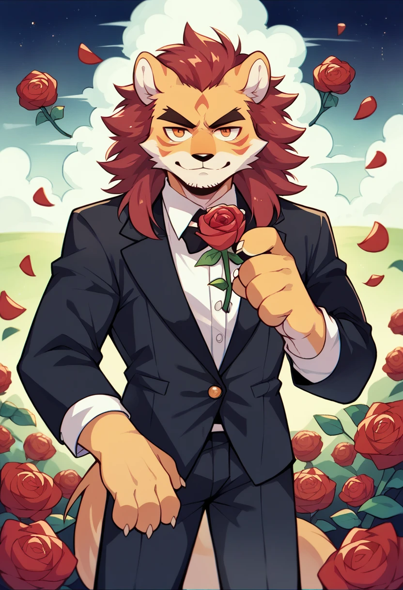 Watercolor elements, 1 boy, Beast field, hairy, Delicate body hair, Animal Face, Animal hands, Handsome boy in tuxedo holding a red rose and looking at the viewer,