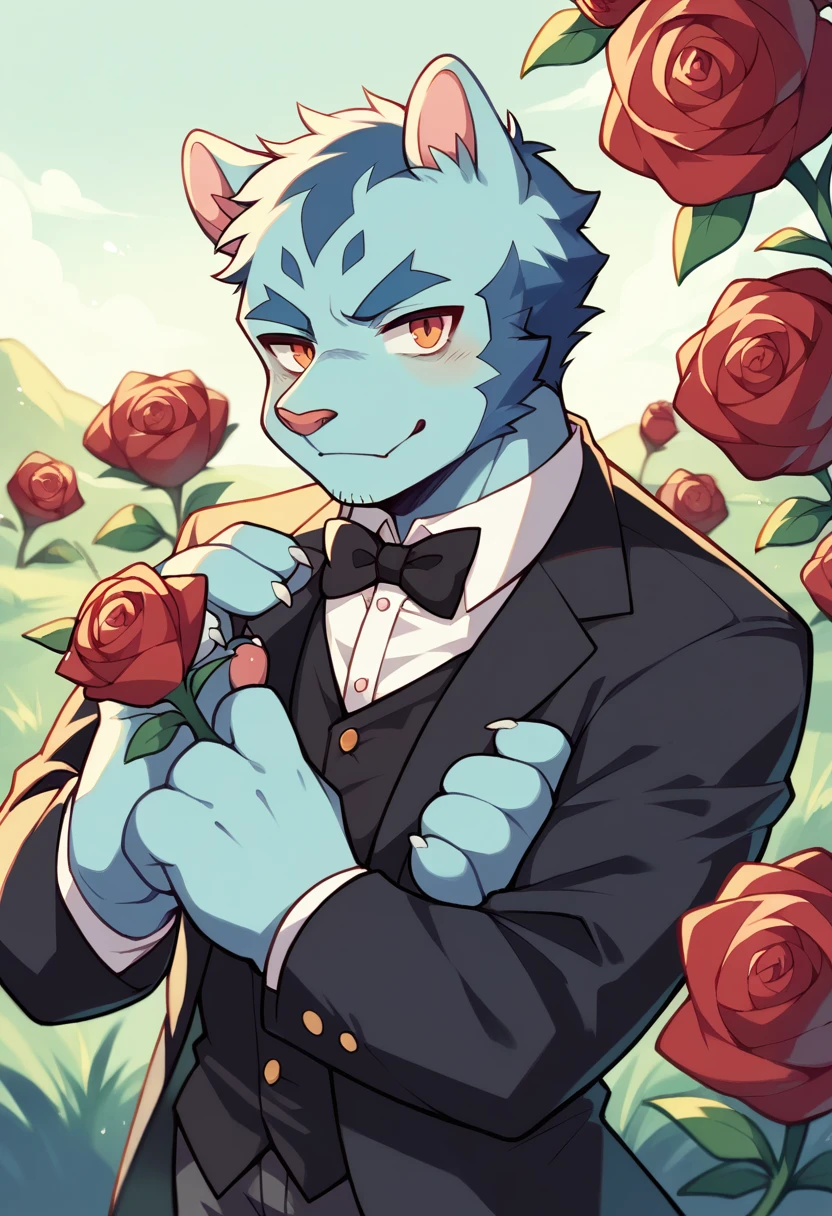 Watercolor elements, 1 boy, Beast field, hairy, Delicate body hair, Animal Face, Animal hands, Handsome boy in tuxedo holding a red rose and looking at the viewer,